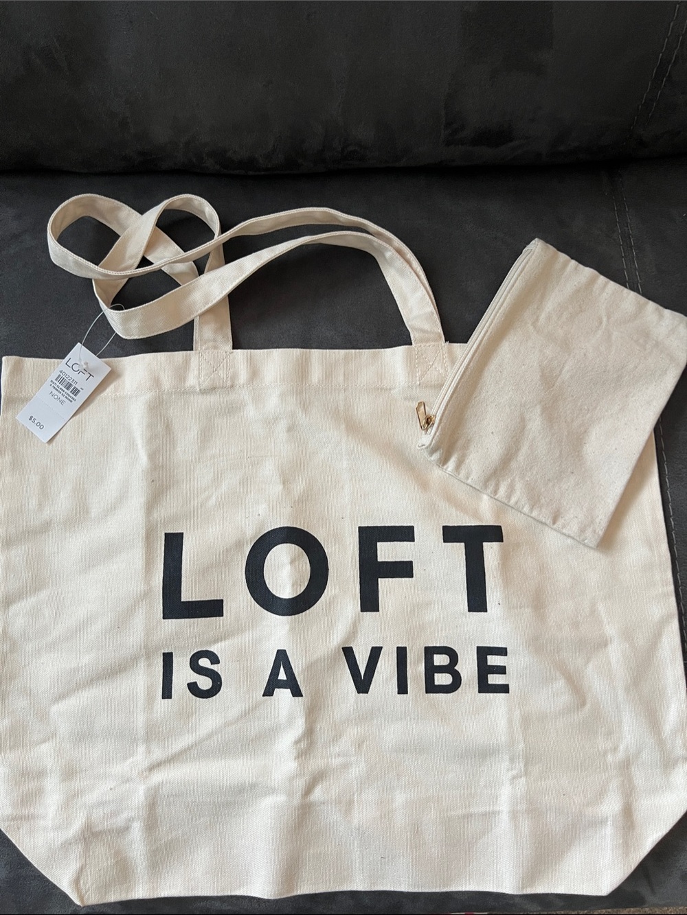 LOFT Cream Canvas Tote with Black Logo